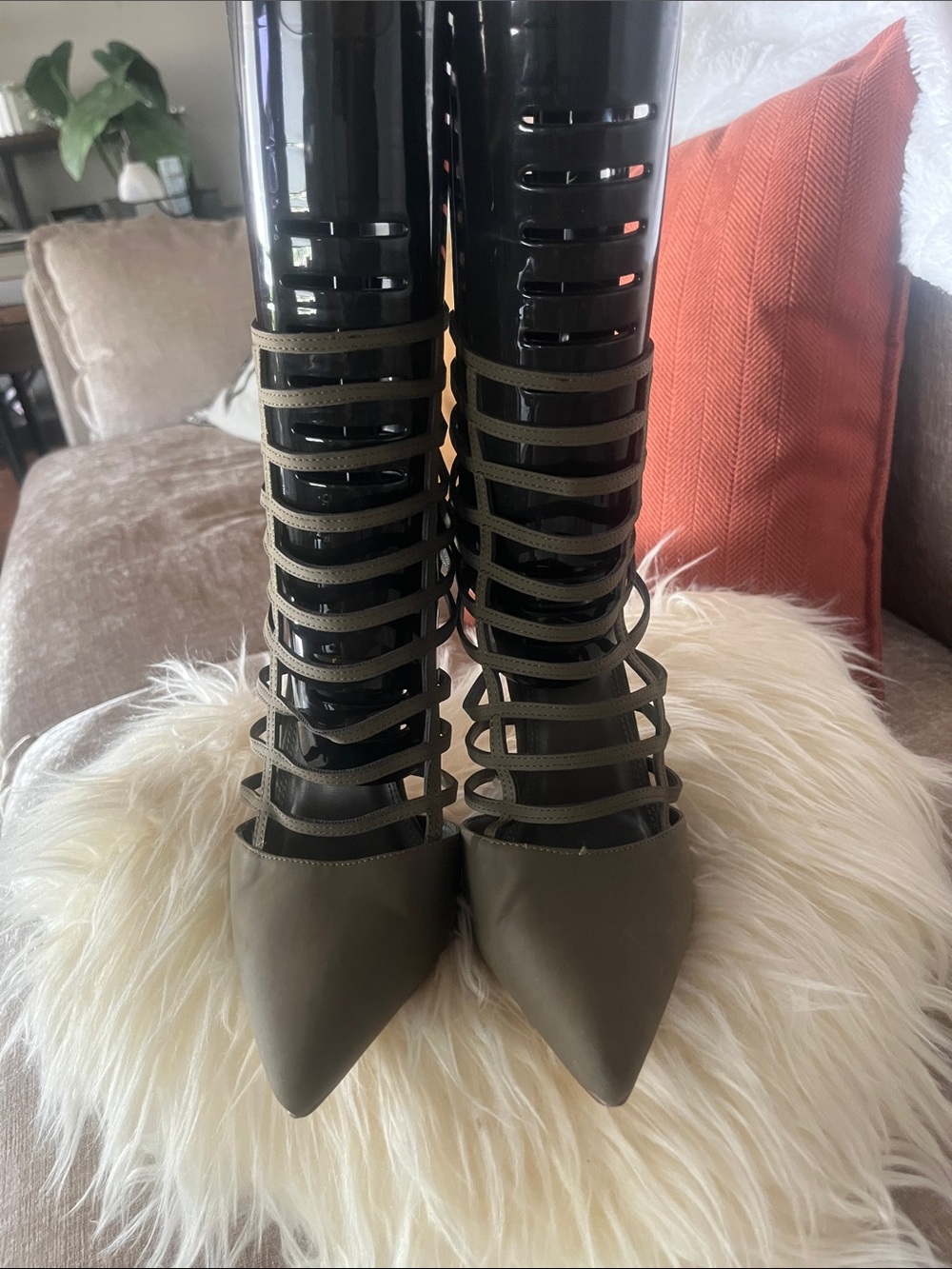 Olive Green Strappy Pointed-Toe High Heels